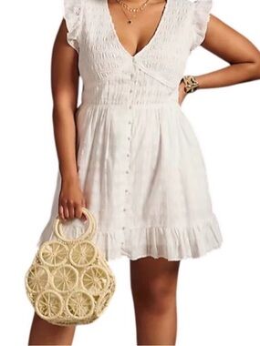 By Anthropologie- NWT White Peregrine Flutter Sleeve Smocked Mini Dress Size 2X